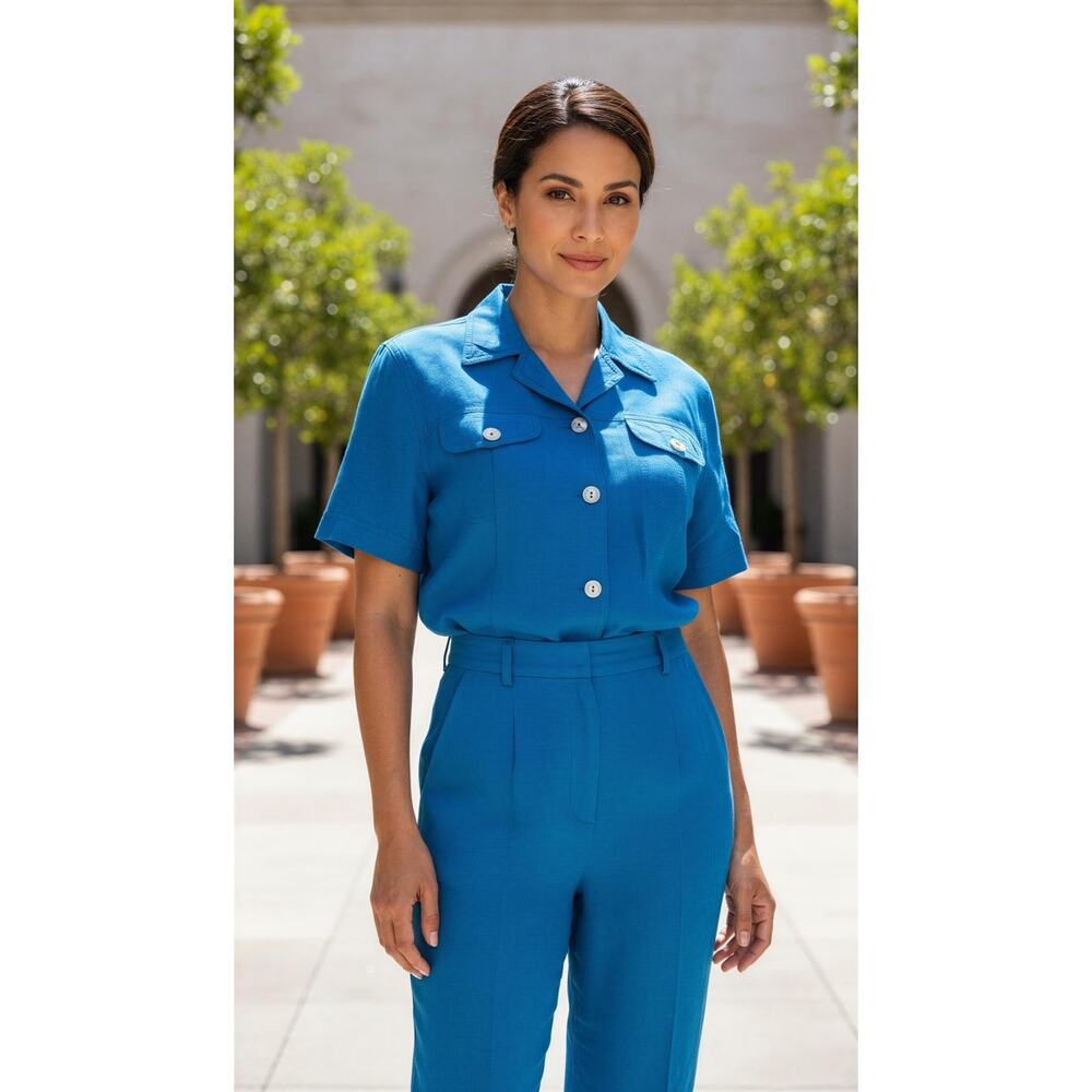 Carole Little Pant Suit Set Womens Size 8 Bright Blue 2-Piece Short Sleeve